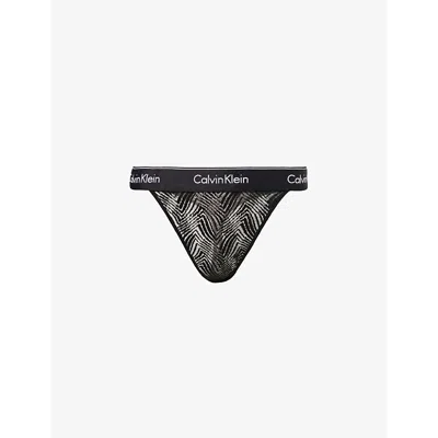 Calvin Klein Womens Black Modern Branded-waistband Abstract Stretch-lace Thong