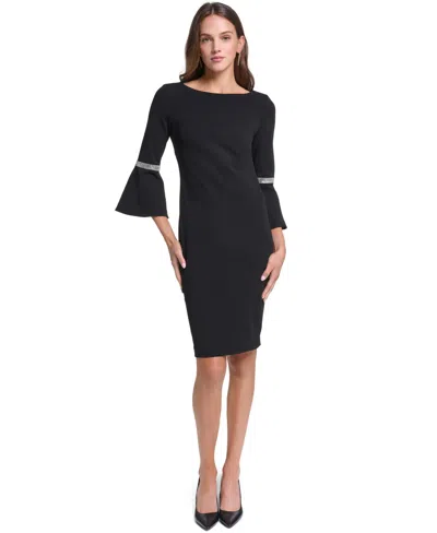 Calvin Klein Women's Boat-neck Bell Sleeve With Rhinestone Trim Sheath Dress In Black