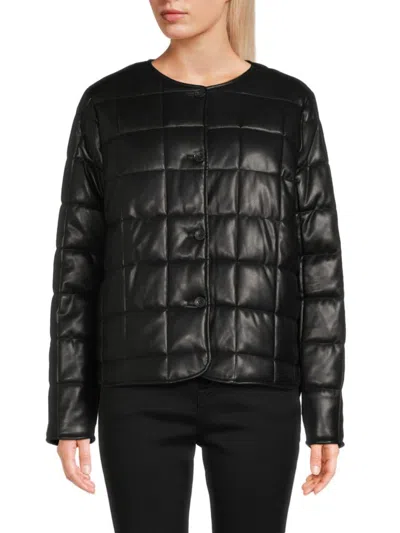 Calvin Klein Womens Quiled Faux Leather Puffer Jacket In Black