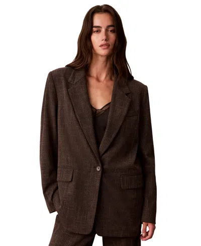 Calvin Klein Women's Boyfriend Windowpane Stretch Blazer In Brown