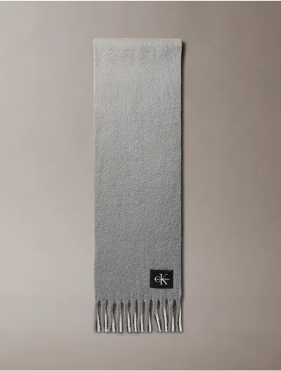 Calvin Klein Logo-patch Fringed Scarf In Gray