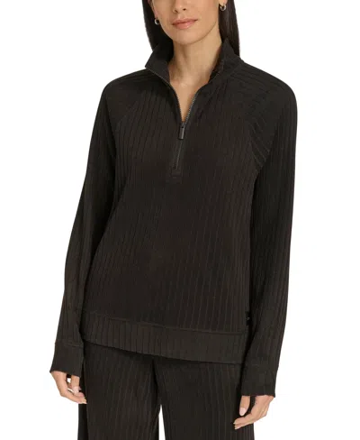 Calvin Klein Women's Brushed Rib Quarter-zip Pullover Top In Black