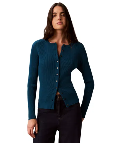 Calvin Klein Women's Button-front Ribbed Cardigan In Estate Blue