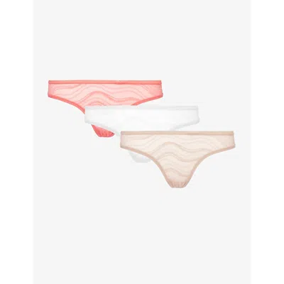 Calvin Klein Sheer Mid-rise Pack Of Three Stretch-lace Thongs In Calypso Coral/cedar/wht