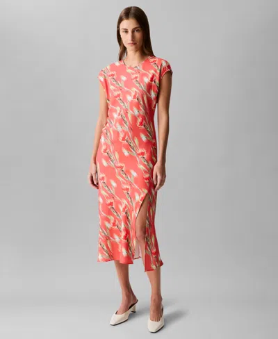 Calvin Klein Women's Cap Sleeve Printed Satin Midi Dress In Orange Floral