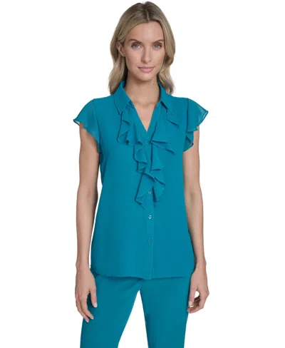 Calvin Klein Women's Cap-sleeve Ruffle Front Top In Blue