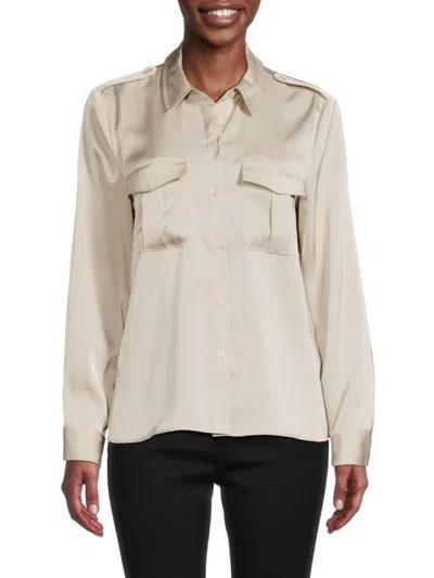 Calvin Klein Women's Cargo Pocket Satin Button Down Shirt In Beige