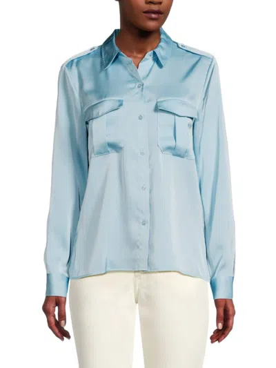 Calvin Klein Women's Cargo Pocket Satin Button Down Shirt In Blue