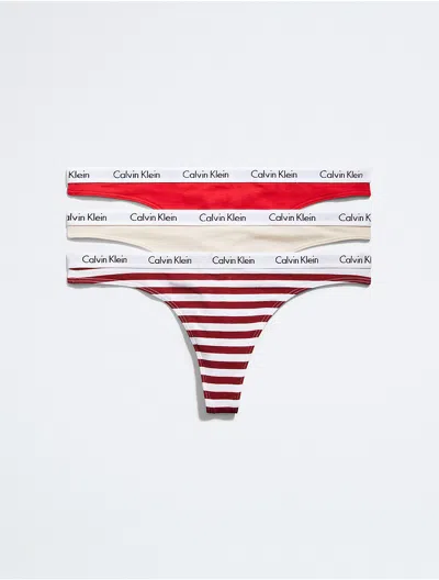 Calvin Klein Women's Carousel Logo Cotton 3-pack Thong In Exact Stripe / Tapioca / Red Carpet