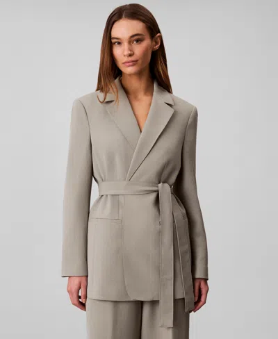 Calvin Klein Women's Casual Twill Collared Belted Blazer In Gray