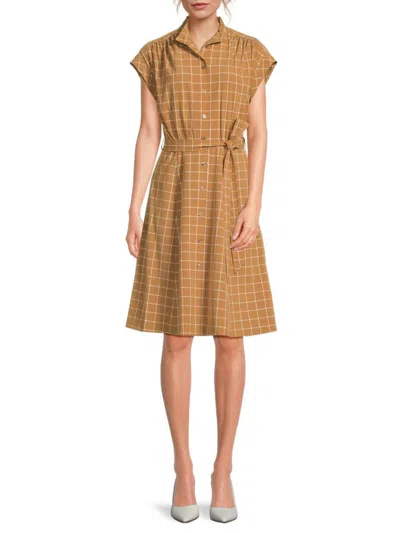 Calvin Klein Women's Checked Belted Dress In Brown White