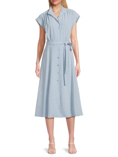 Calvin Klein Women's Checked Belted Midi Shirtdress In Blue White