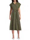 Calvin Klein Women's Checked Belted Midi Shirtdress In Olive White