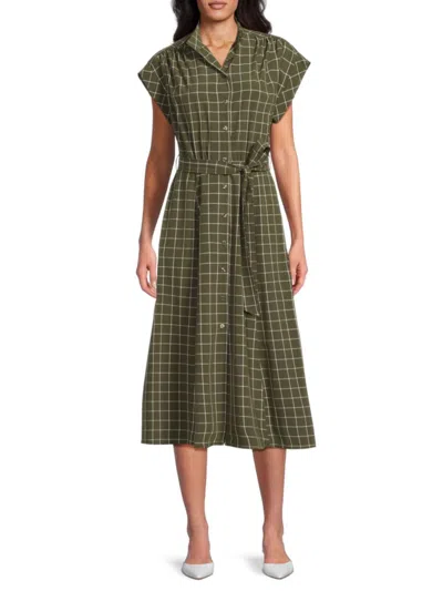Calvin Klein Women's Checked Belted Midi Shirtdress In Olive White