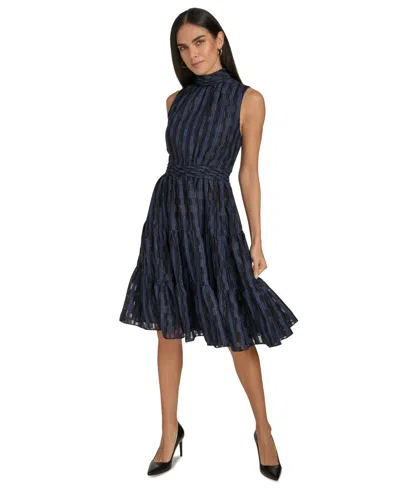 Calvin Klein Women's Checkered Shimmering Tiered A-line Midi Dress In Indigo