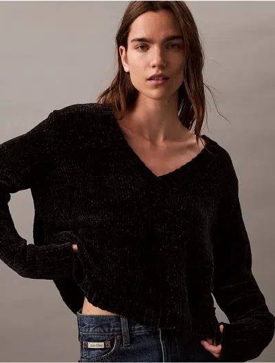 Calvin Klein Women's Chenille Relaxed V-neck Sweater In Black Beauty