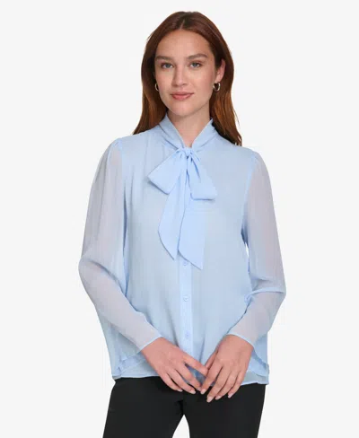 Calvin Klein Women's Long Sleeve Tie-neck Chiffon Blouse In Sky