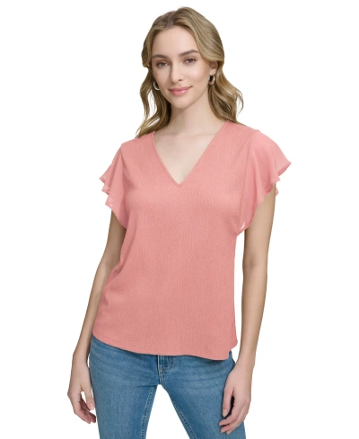 Calvin Klein Women's Chiffon-sleeve Crinkle V-neck Top In Desert Rose