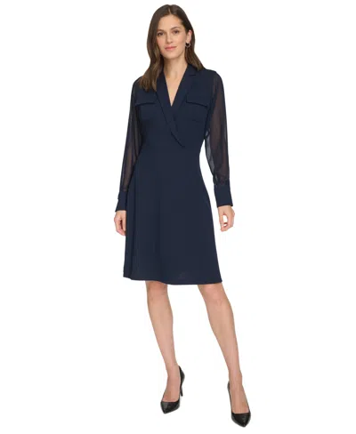 Calvin Klein Women's Chiffon-sleeve Faux-wrap Dress In Indigo