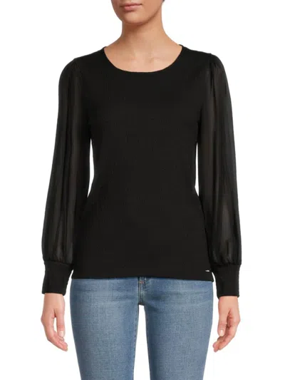 Calvin Klein Women's Chiffon Sleeve Smocked Top In Black