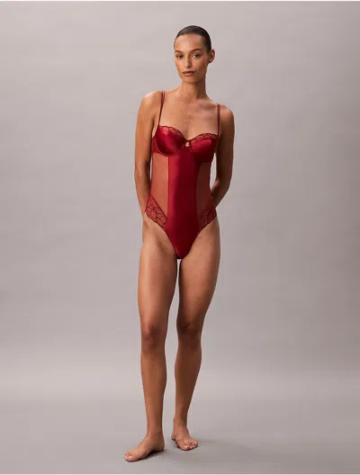 Calvin Klein Women's Ck Black Floral Lace Bodysuit In Red