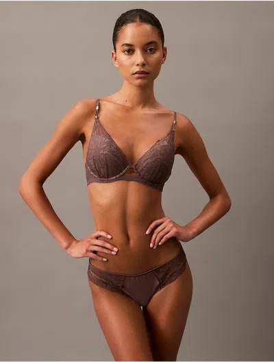 Calvin Klein Women's Ck Black Floral Lace Push Up Plunge Bra In Plum Truffle