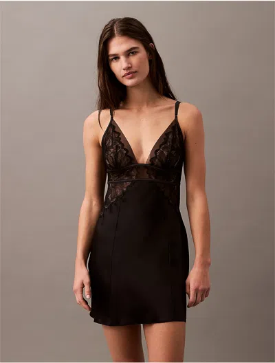 Calvin Klein Women's Ck Black Floral Lace Silk Chemise