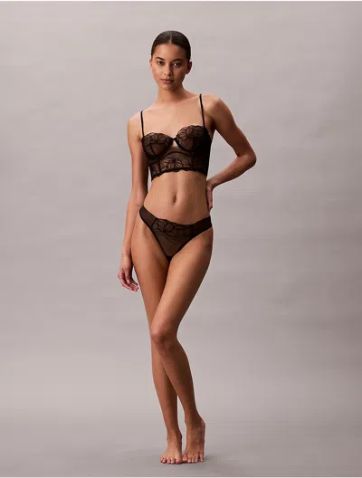 Calvin Klein Women's Ck Black Floral Lace Thong In Brown