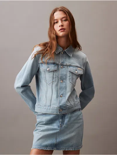 Calvin Klein Women's Classic Denim Trucker Jacket In Marbled Beacon