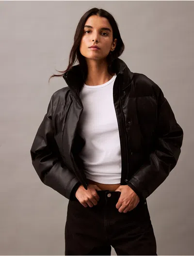 Calvin Klein Women's Classic Faux Leather Puffer Jacket In Black Beauty