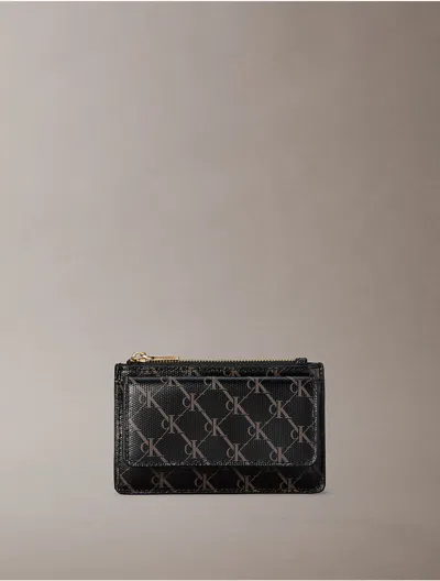 Calvin Klein Women's Coated Monogram Zip Flap Card Case In Black/coffee Ground Aop