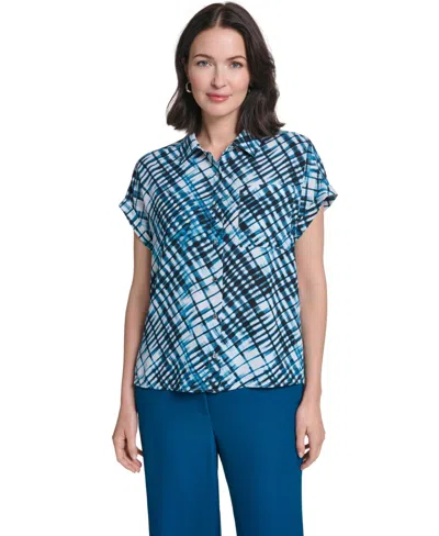 Calvin Klein Women's Collared Button-front Short-sleeve Blouse In Blue