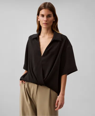 Calvin Klein Women's Collared Draped Faux-wrap Top In Black