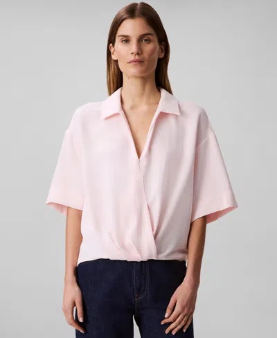 Calvin Klein Women's Collared Draped Faux-wrap Top In Pearl