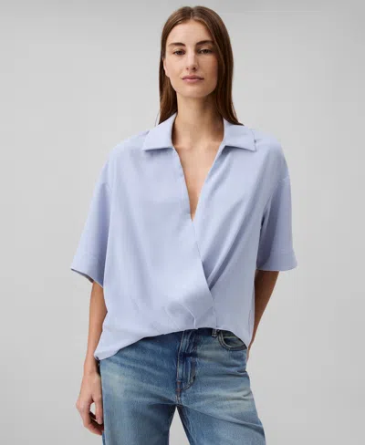 Calvin Klein Women's Collared Draped Faux-wrap Top In Zen Blue