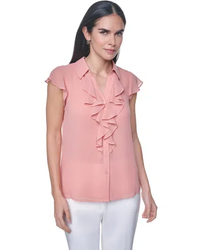 Calvin Klein Women's Collared Ruffle Front Blouse In Pink