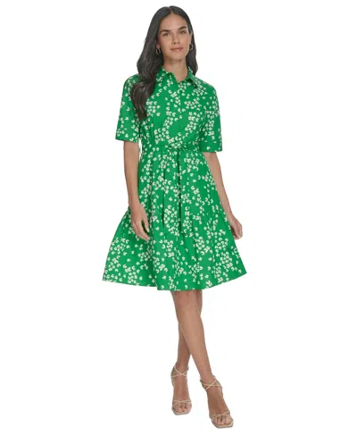 Calvin Klein Women's Cotton Belted Ditsy-print Shirtdress In Fern Multi