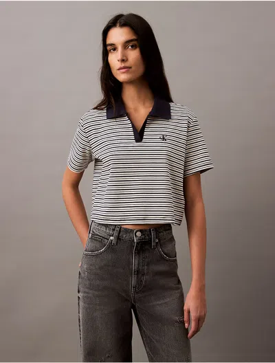 Calvin Klein Women's Cotton Contour Rib Polo Tee In Baritone Blue Stripe