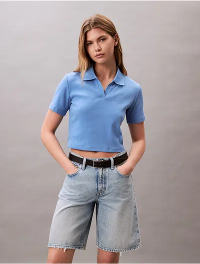 Calvin Klein Women's Cotton Contour Rib Polo Tee In Silver Lake Blue