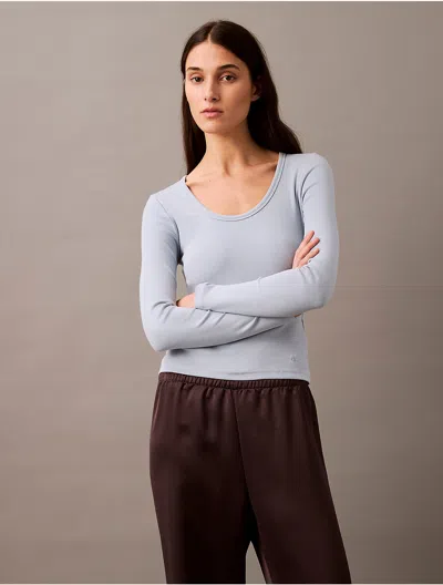 Calvin Klein Women's Cotton Contour Rib Slim Fit Long Sleeve T-shirt In Blue Fog