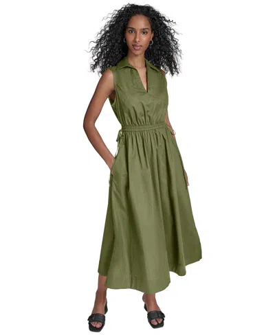 Calvin Klein Women's Cotton Drawstring Sleeveless Midi Dress In Light Olive