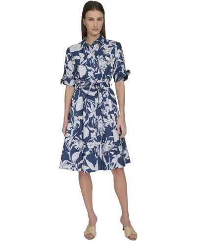 Calvin Klein Women's Cotton Floral Belted Tie-cuff Dress In Indigo Light Blue