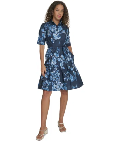 Calvin Klein Women's Cotton Floral Belted Tie-cuff Dress In Indigo Multi