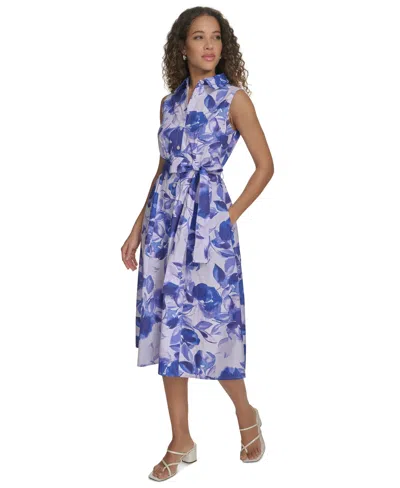 Calvin Klein Women's Cotton Floral Sleeveless Shirtdress In Lilac Blue Multi