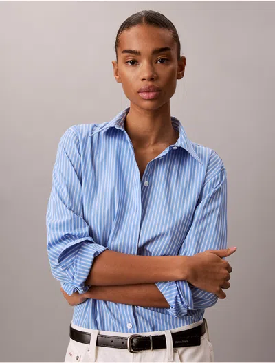 Calvin Klein Light Blue Vertical Striped Poplin Shirt With Classic Collar
