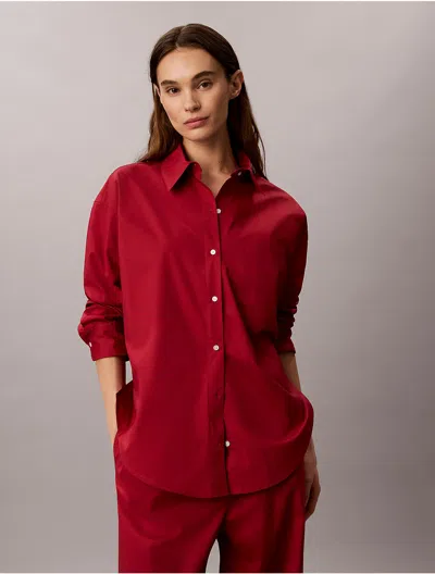 Calvin Klein Women's Cotton Poplin Relaxed Button-down Sleep Shirt In Red