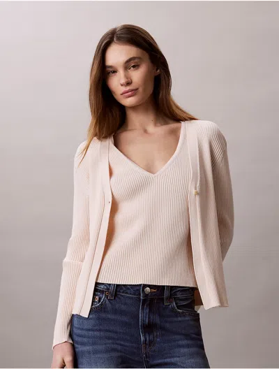 Calvin Klein Women's Cotton Rib Cardigan And Tank Set In Pink