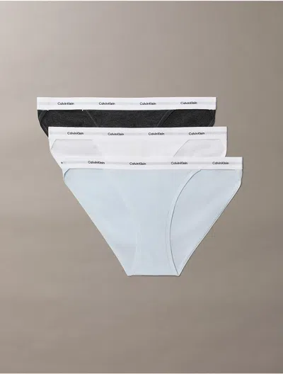 Calvin Klein Women's Cotton Stretch Rib 3-pack String Bikini In Charcoal Heather/classic White/plein Air