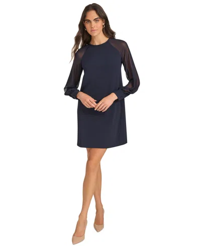 Calvin Klein Petite Sheer-sleeve Jewel-neck Shift Dress In Indigo