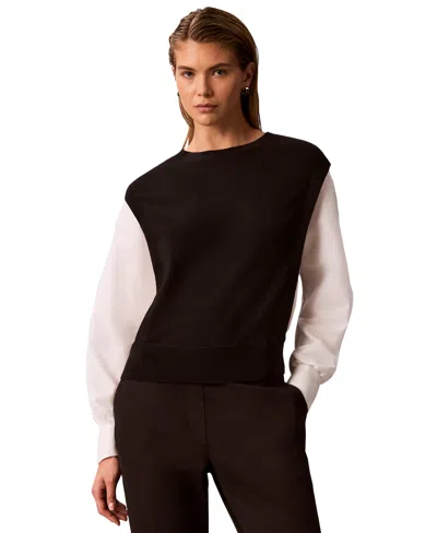 Calvin Klein Women's Crewneck Long-sleeve Sweater In Black,photo White
